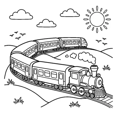 A long passenger train with rows of windows curving gently over rolling hills