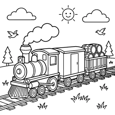 A freight train pulling boxcars and an open wagon stacked with round barrels
