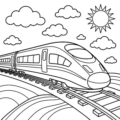 A sleek high-speed bullet train with a pointed nose speeding past fluffy clouds