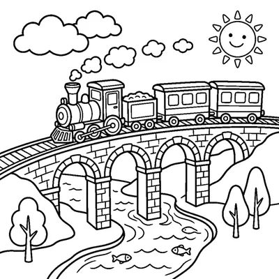 A cheerful train crossing a tall arched bridge over a winding river below