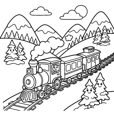 A mountain train climbing between rounded snowy peaks and pine trees