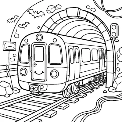 A round-cheeked subway train coming out of a tunnel arch underground