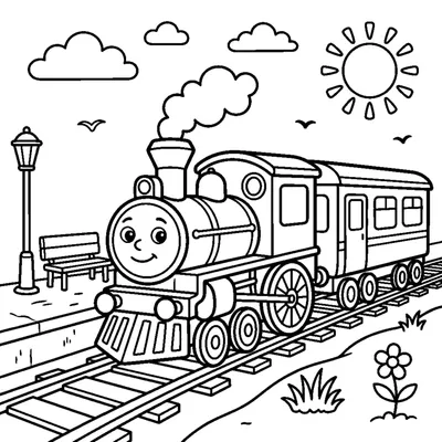 A friendly train stopped at a small station with a platform and a bench