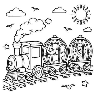 A colorful circus train with cars shaped like round cages carrying happy animals