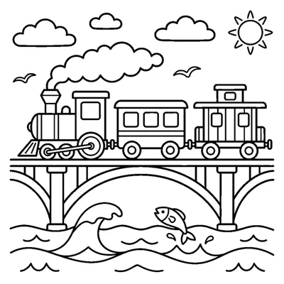 A train crossing a bridge over the sea with waves and a jumping fish below