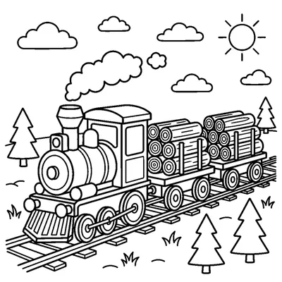 A cargo train carrying a load of neatly stacked logs on flatbed cars
