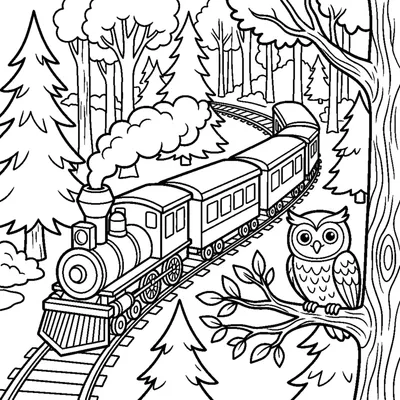 A train winding through a forest with tall trees and a peeking owl