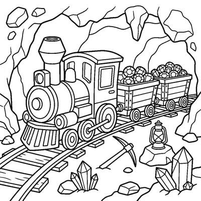 A small mine cart train filled with round gems rolling on wooden rails