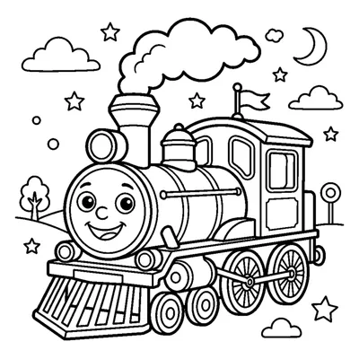 A smiling steam engine with a big round headlamp and a cow-catcher at the front