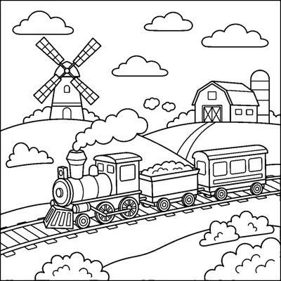 A train passing a windmill and a barn on a countryside track with hills