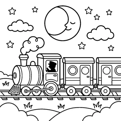 A sleepy night train with round moon and stars above the tracks