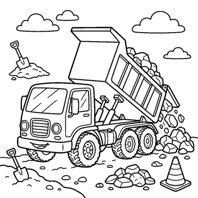 A friendly dump truck tipping its bed up to pour out a pile of rocks
