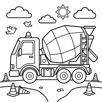 A cement mixer truck with its big rotating drum turning slowly