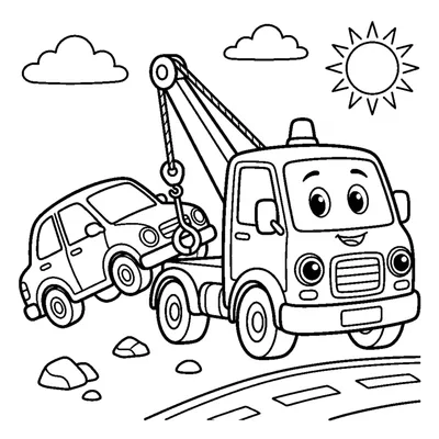 A tow truck with a hook and cable lifting the front of a small car