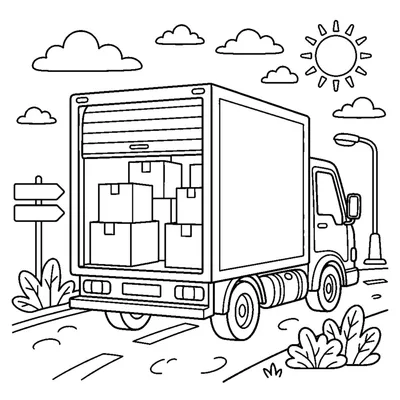 A boxy delivery truck with its back roll-up door open and empty boxes inside