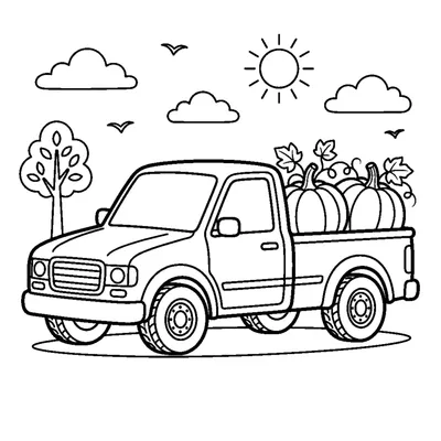 A cheerful pickup truck with a few round pumpkins in its open cargo bed