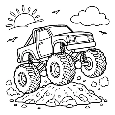 A monster truck with giant chunky tires bouncing over a small dirt mound