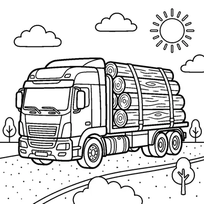 A long flatbed truck carrying a stack of wooden logs on its flat platform