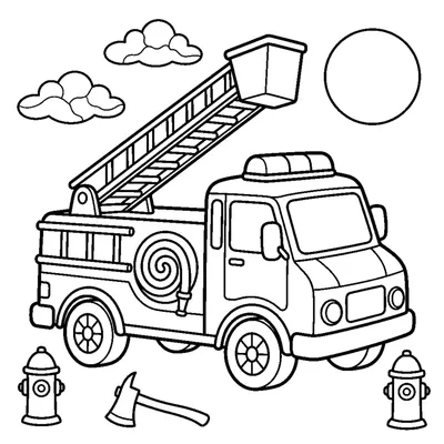 A fire engine truck with a coiled hose and a tall extending ladder
