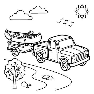 A pickup truck towing a small two-wheeled trailer with a canoe on top