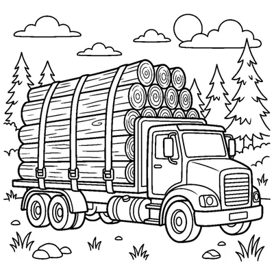 A logging truck loaded with tall round tree trunks strapped down