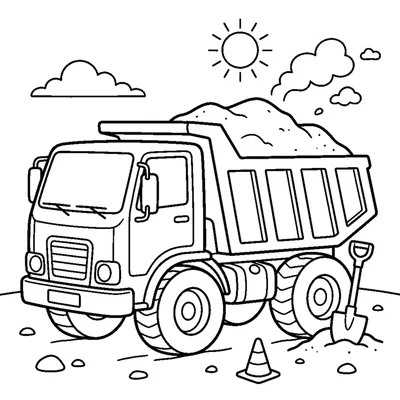A construction dump truck full of sand parked beside a small shovel