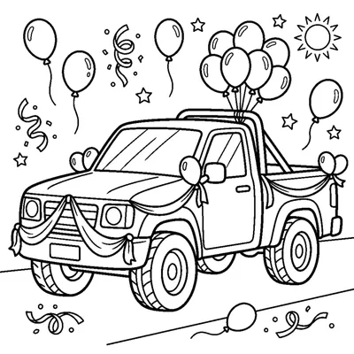 A pickup truck decorated with balloons and party streamers for a parade