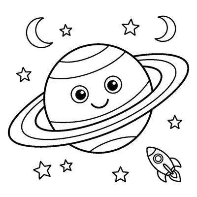 A smiling ringed planet with wide encircling rings and a few small stars around it