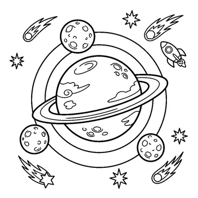 A big planet with three little moons circling around it on curved orbit paths