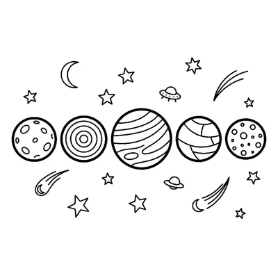 A row of five different-sized round planets lined up side by side in space