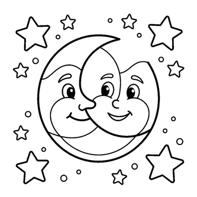 A friendly crescent moon with a happy face surrounded by twinkling stars