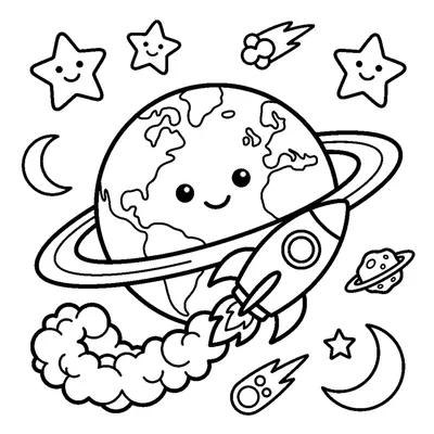 A cute planet with a small rocket zooming past it, leaving a puff trail