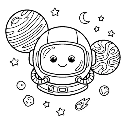 A tiny astronaut helmet floating between two round planets and stars