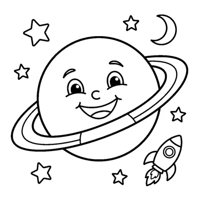 A planet wearing a happy face with a single tilted ring and star dots