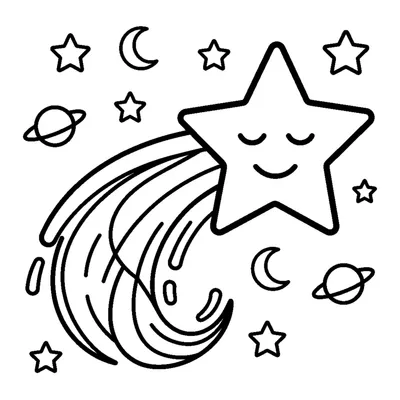 A bright shooting star with a curved trail and small sparkle stars nearby