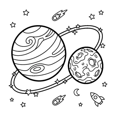 A pair of round planets connected by a looping orbit line with tiny stars