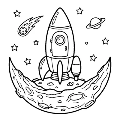 A little rocket ship parked on the surface of a round crescent-topped planet
