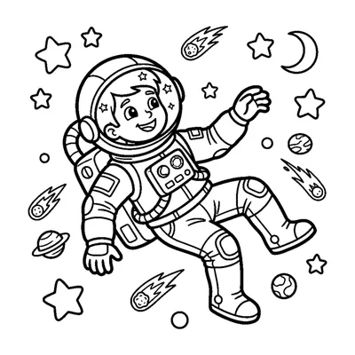 A smiling astronaut floating weightlessly among round stars