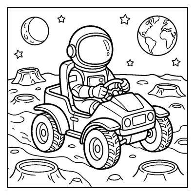 An astronaut driving a four-wheeled moon rover across craters