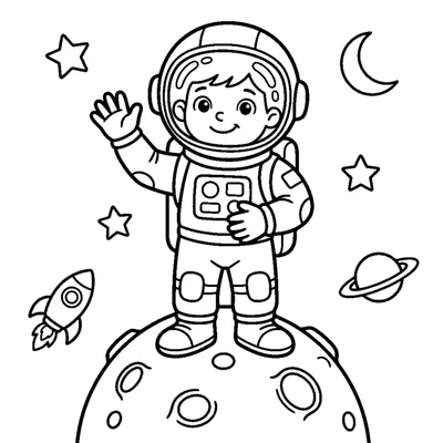 A cheerful astronaut waving one hand while standing on a small planet