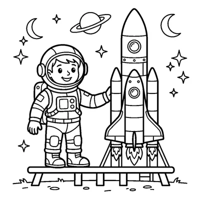 An astronaut standing beside a tall rocket ready for launch