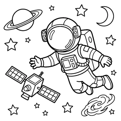 An astronaut gently reaching toward a floating box-shaped satellite