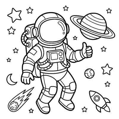 An astronaut giving a thumbs-up while floating past a ringed planet