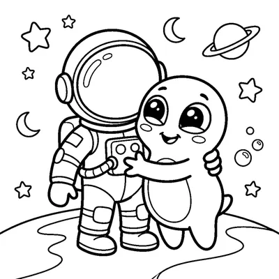 An astronaut hugging a friendly little cartoon alien with big eyes