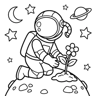 An astronaut planting a tiny flower in the soil of a small planet