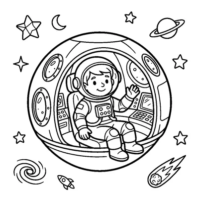 An astronaut sitting inside a round space capsule with porthole windows