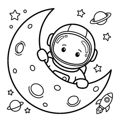 An astronaut peeking out from behind a big crescent moon