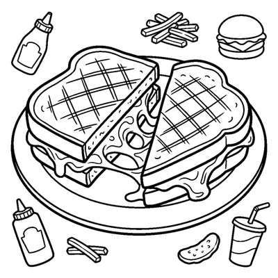 A cheesy grilled sandwich cut in half showing gooey melted cheese