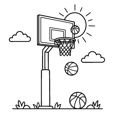 A tall hoop pole with a basketball hoop and a bright sun behind it