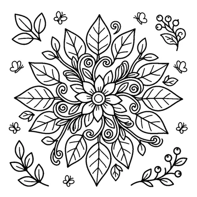 Nature Mandala with Winding Leaves and Sprouts